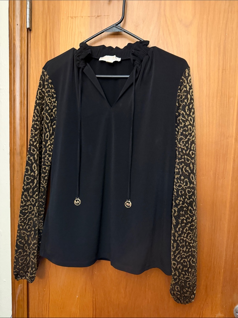 Michael Kors Black Long-Sleeve Top with Gold Patterned Sleeves